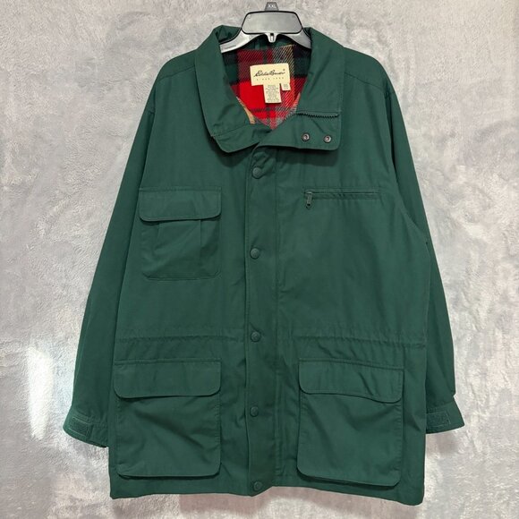 Vintage Eddie Bauer Jacket Mens Large Forest Green Plaid Flannel Lined No Hood - Picture 1 of 12